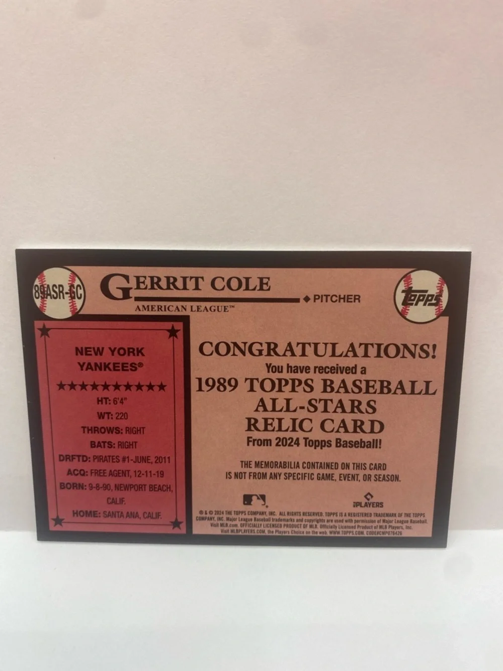 2024 Topps 1989 Topps All Star Relic Gerrit Cole Yankees #89ASR-GC (066) - Picture 2 of 2